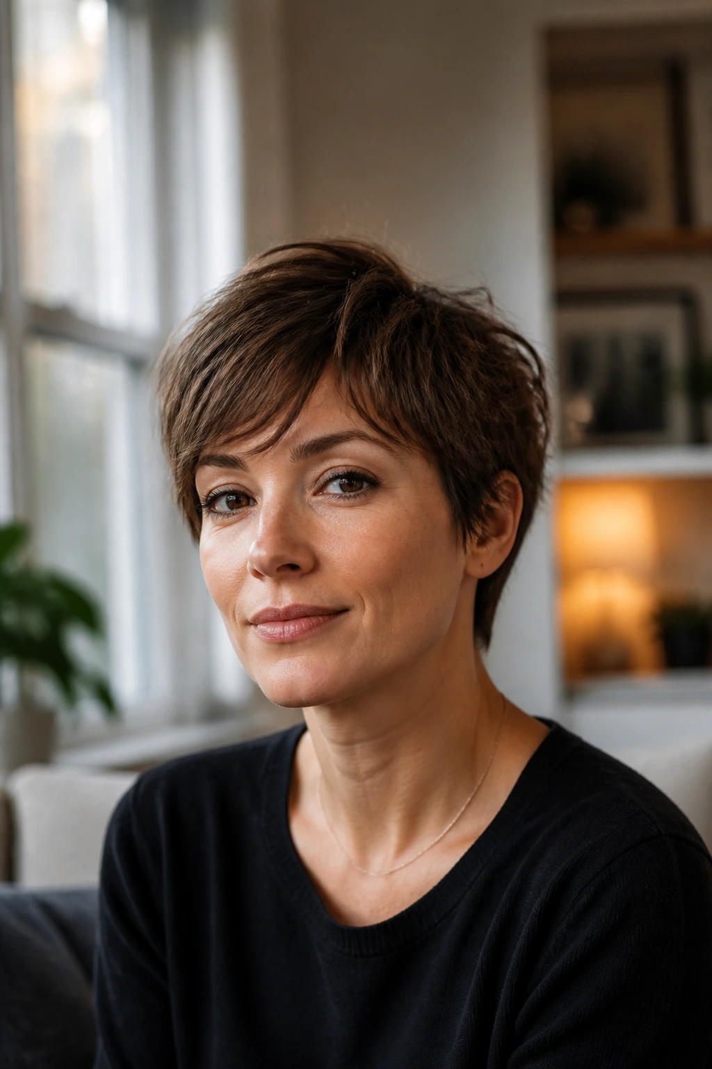 Portrait of a real woman with a grown-out pixie in a cozy home setting