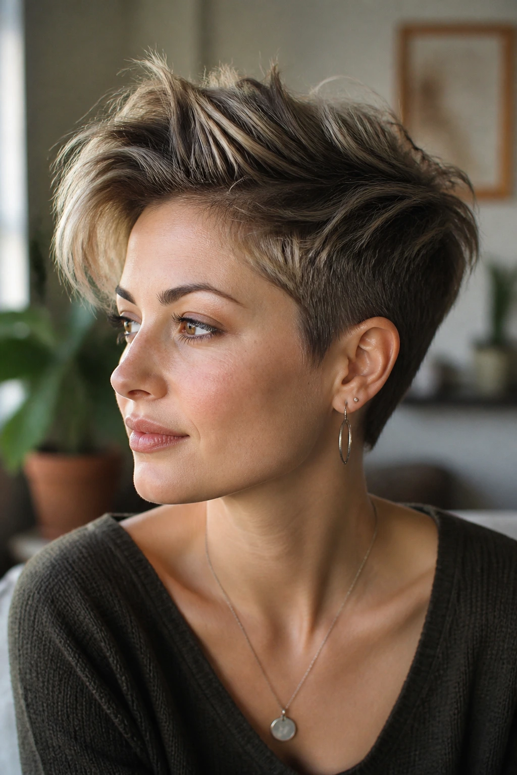 Close-up portrait of a real person with grown-out pixie long top layers.