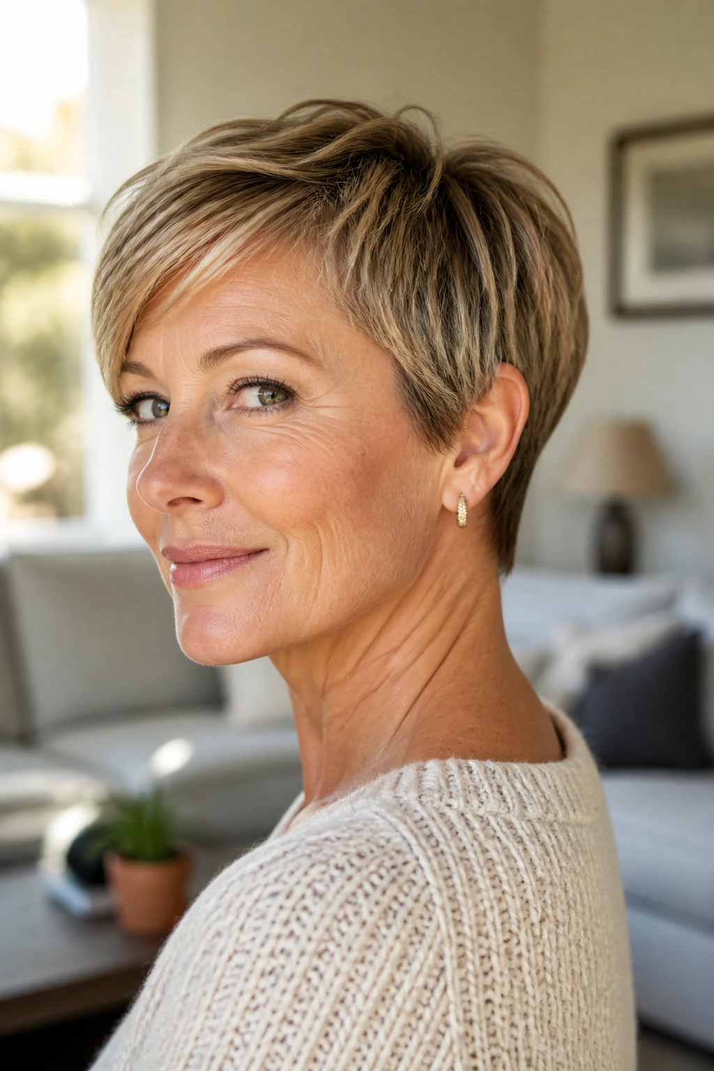 Close-up of a real woman with grown-out pixie and neat neckline hairstyle