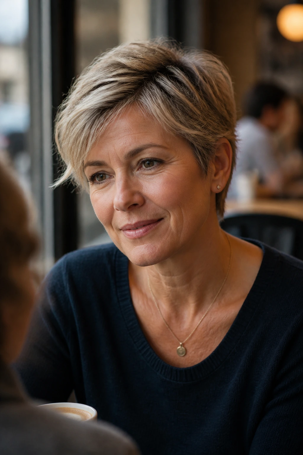 Close-up of a real woman with grown-out pixie in a cozy cafe setting