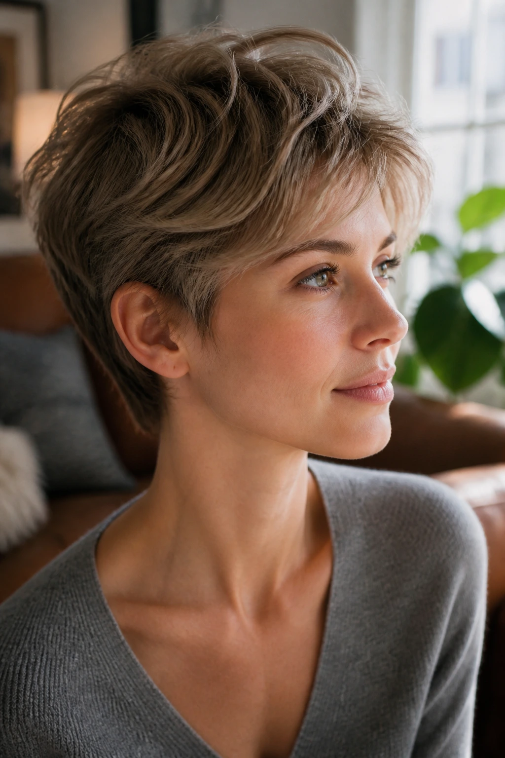 Portrait of a real person with grown-out pixie in a cozy lounge