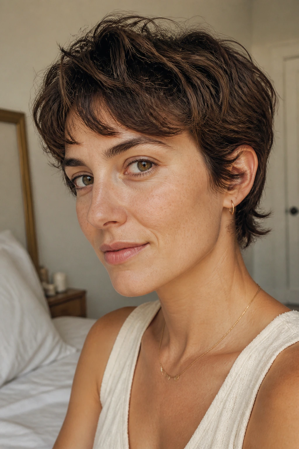 Close-up portrait of a real woman with a grown-out pixie