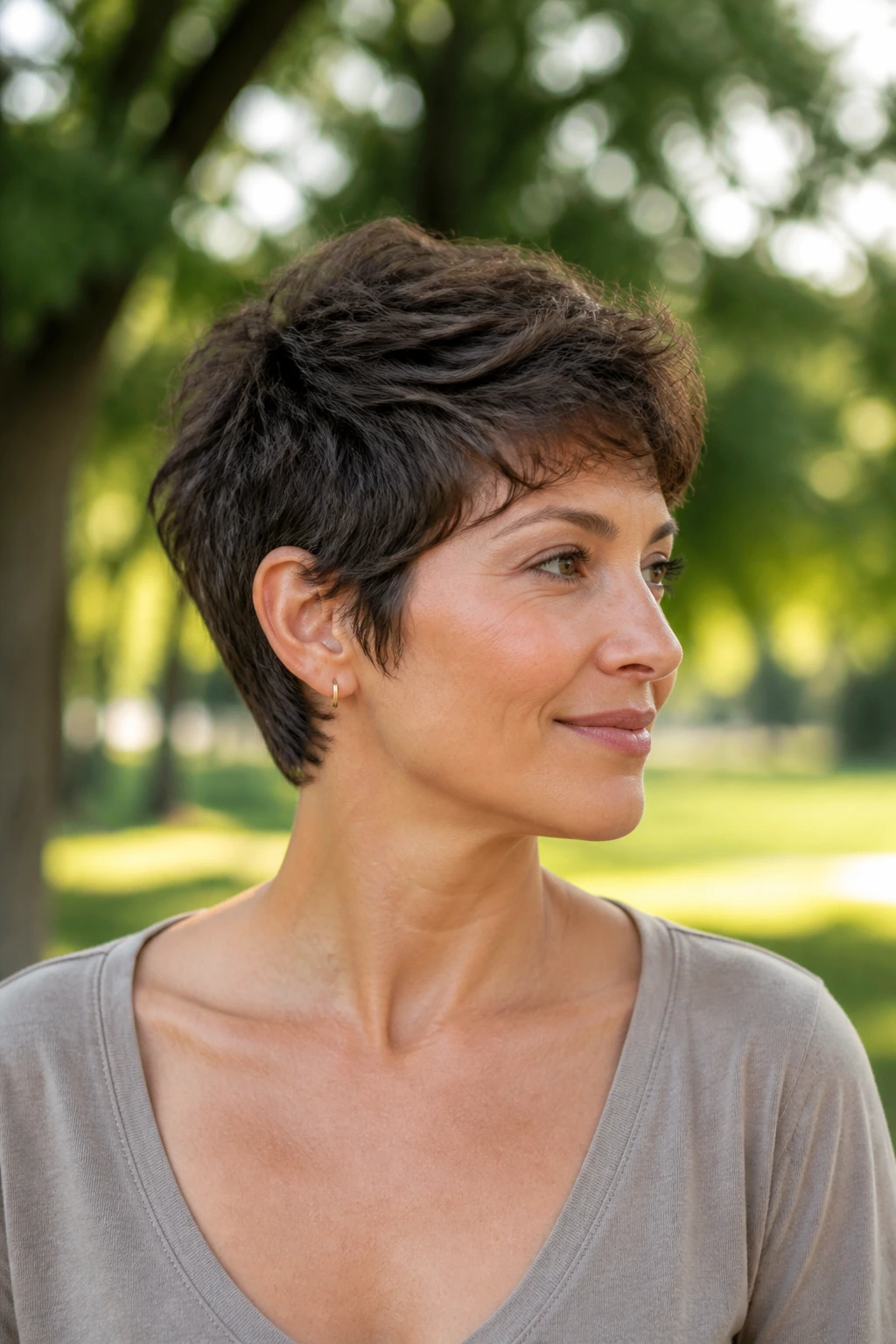 Real person with a grown-out pixie hairstyle in outdoor light