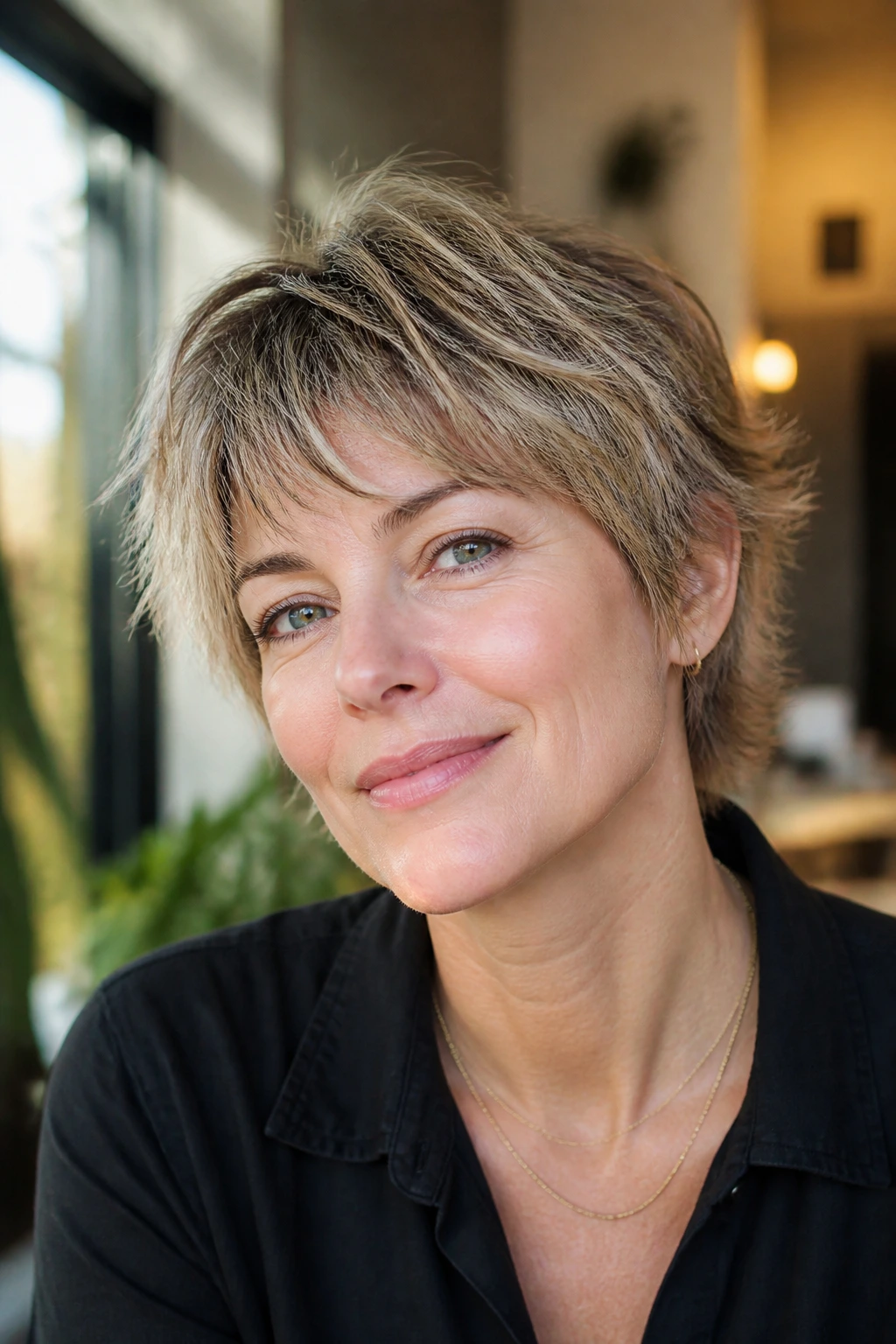 Close-up of a real woman with grown-out pixie shag showing feathered sides.