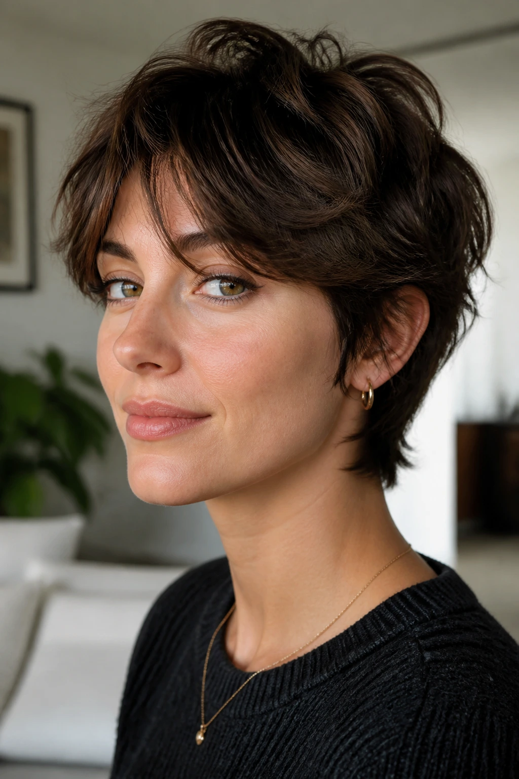 Close-up of a real person in grown-out pixie shag with curtain bangs in soft indoor light.