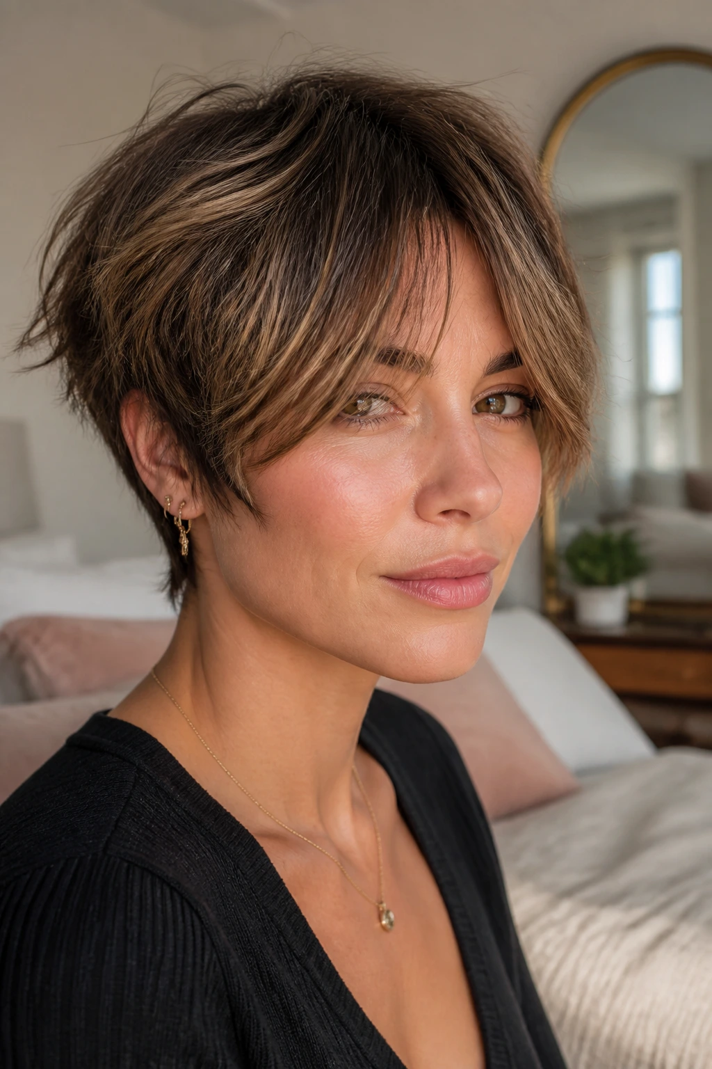 Close-up of grown-out pixie shag with curtain fringe on a real woman in a bright bedroom