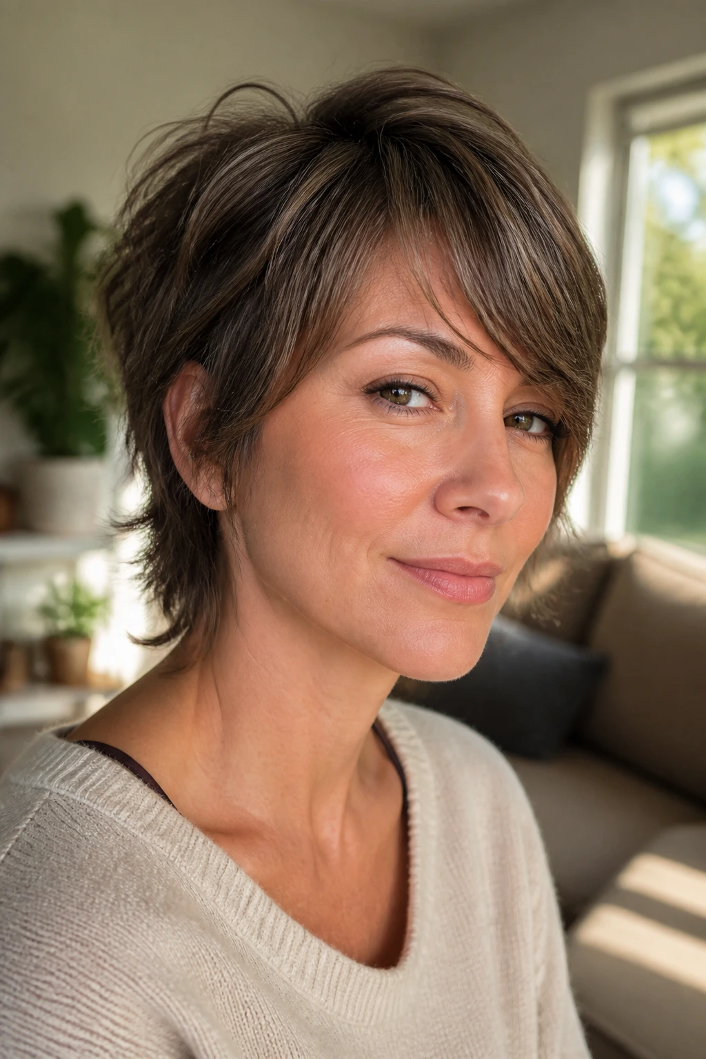 Portrait of a real person with grown-out pixie shag and side bangs in a sunlit room