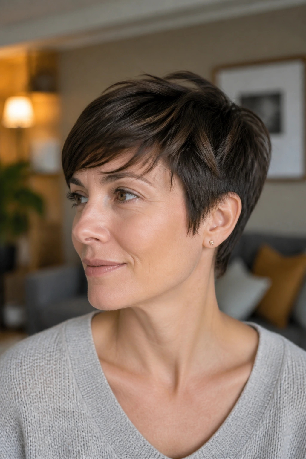 Close-up portrait of a woman with a grown-out pixie with soft edges in natural light.