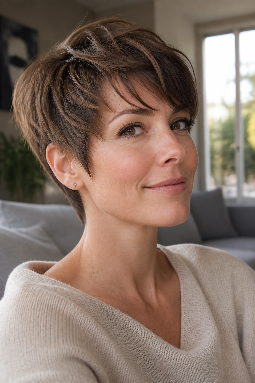 Close-up portrait of a real woman with grown-out pixie and soft silhouette