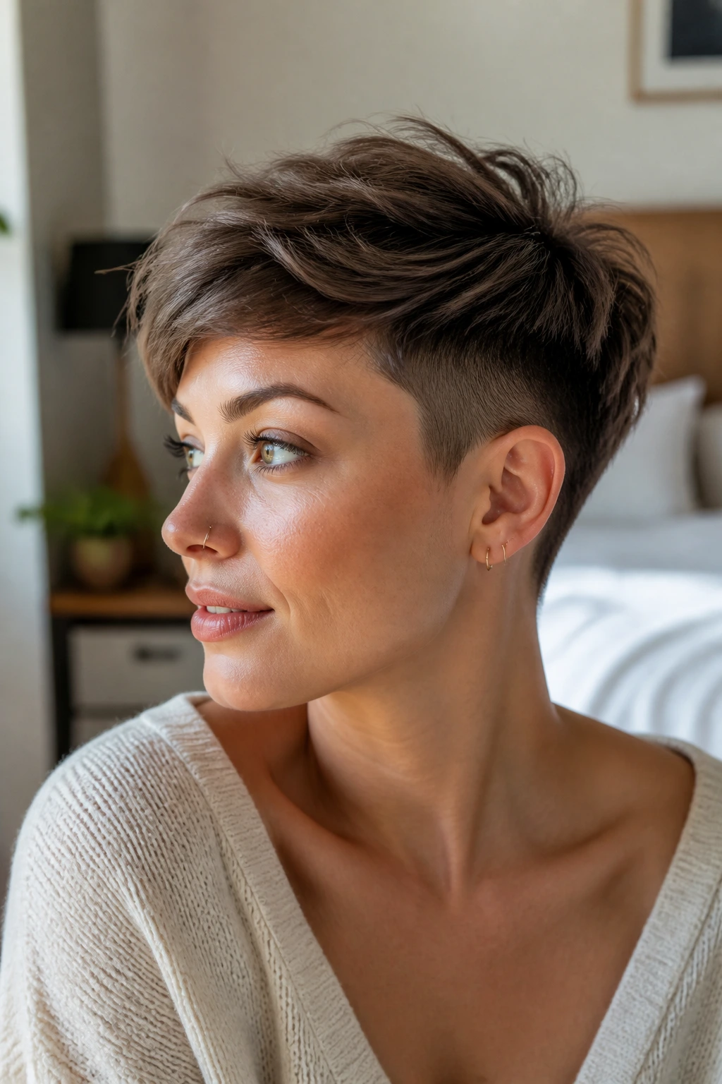 Medium close-up of a real person with grown-out undercut pixie in warm morning light