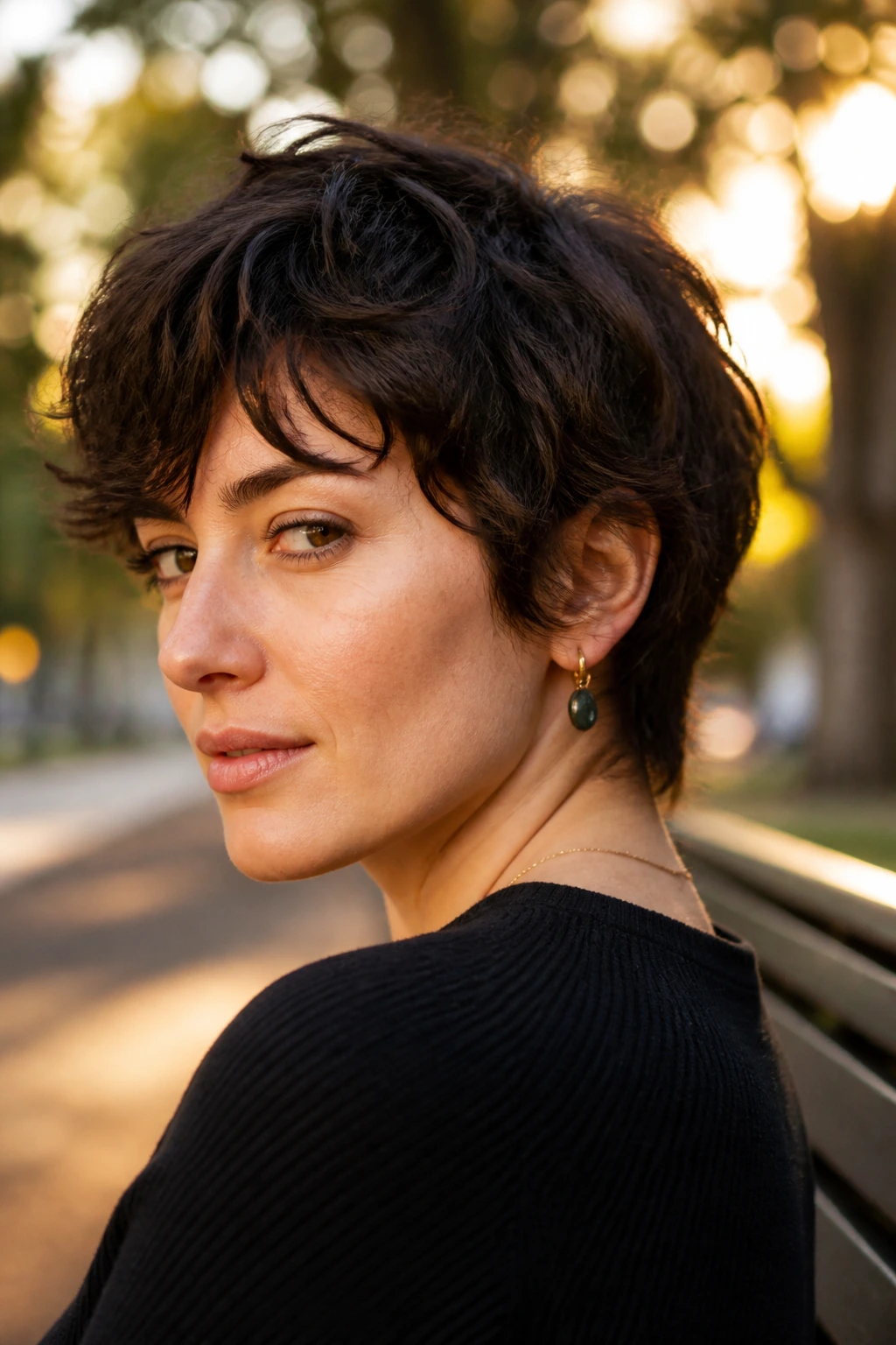 Close-up of a real person with a grown-out pixie hairstyle outdoors
