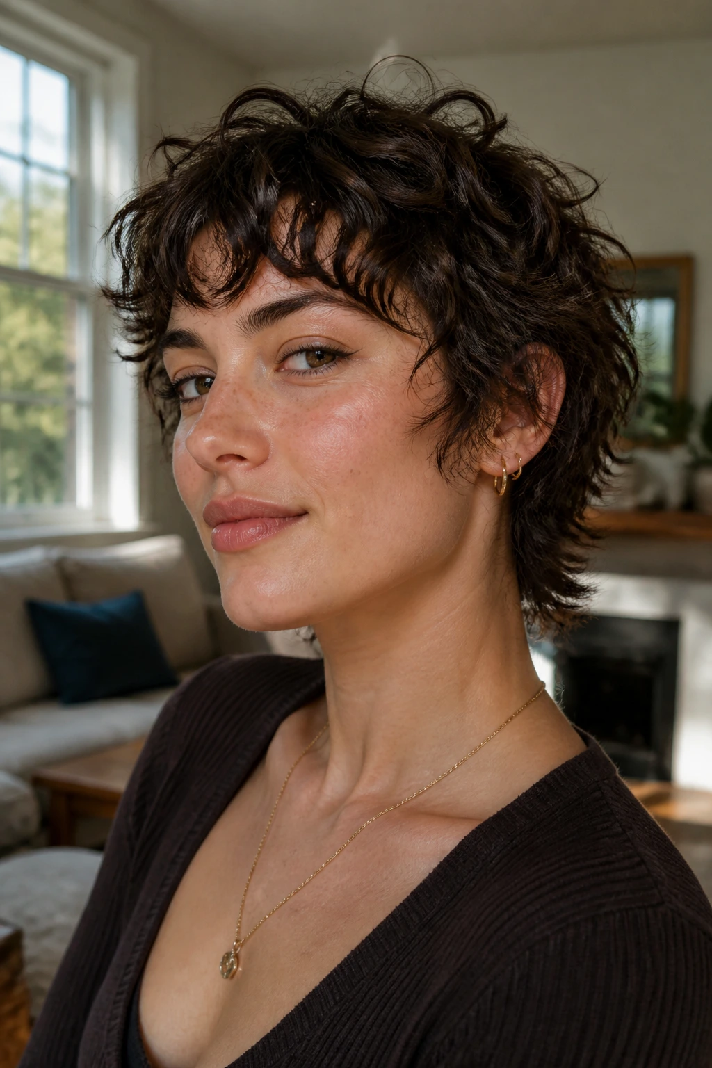 Close-up portrait of a person with grown-out pixie wolf hairstyle