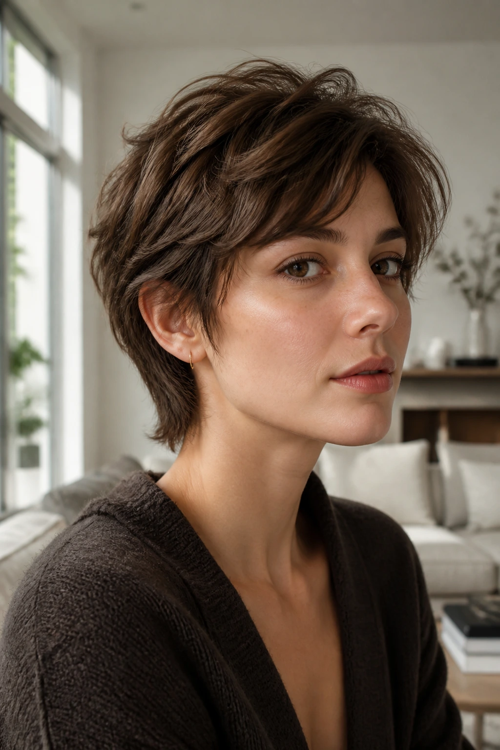 Close-up of real person with grown-out pixie wolf and ears framed