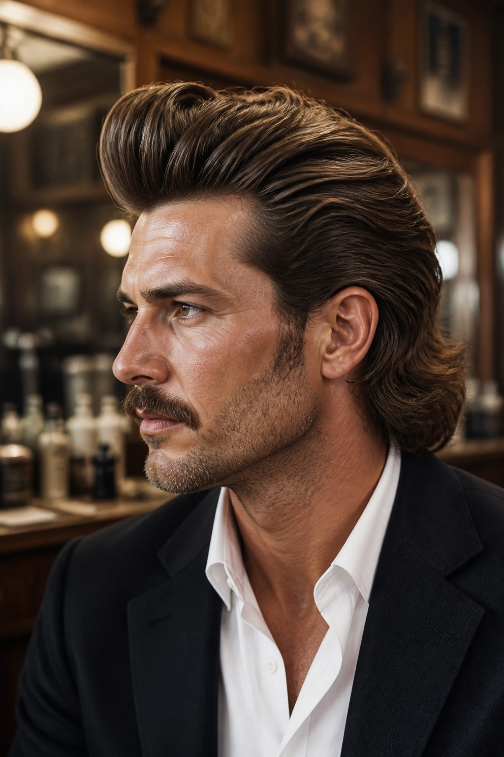 Man with grown-out pompadour in a warm vintage barber shop setting.
