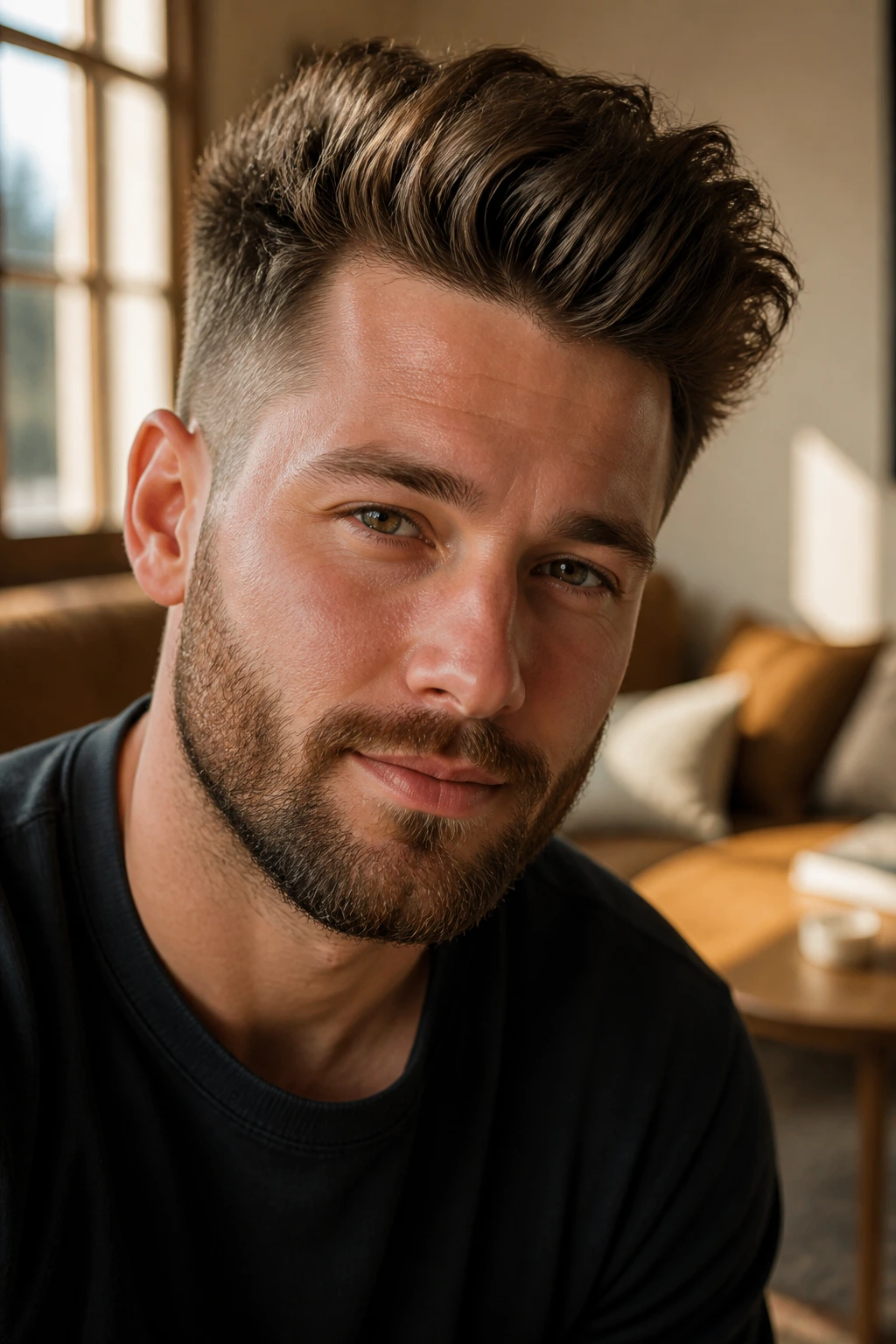 Close-up of a man with a grown-out quiff in a cozy living room