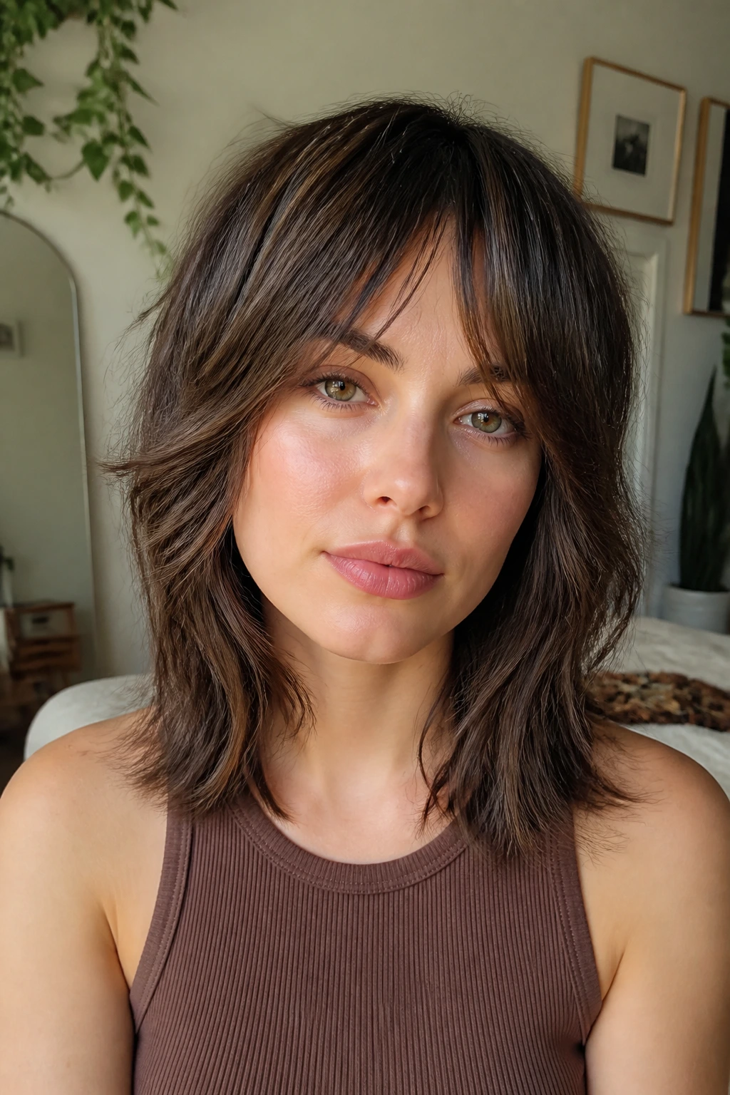 Close-up portrait of a real person with bottleneck bangs in a grown-out shag