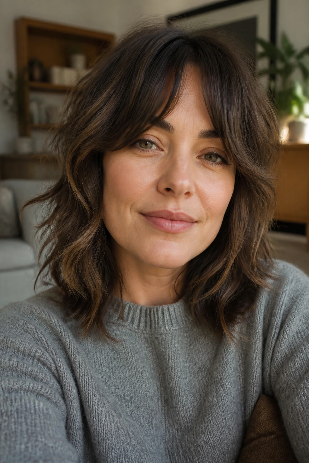 Close-up of a real woman with grown-out shag and cheekbone bangs in a cozy living room