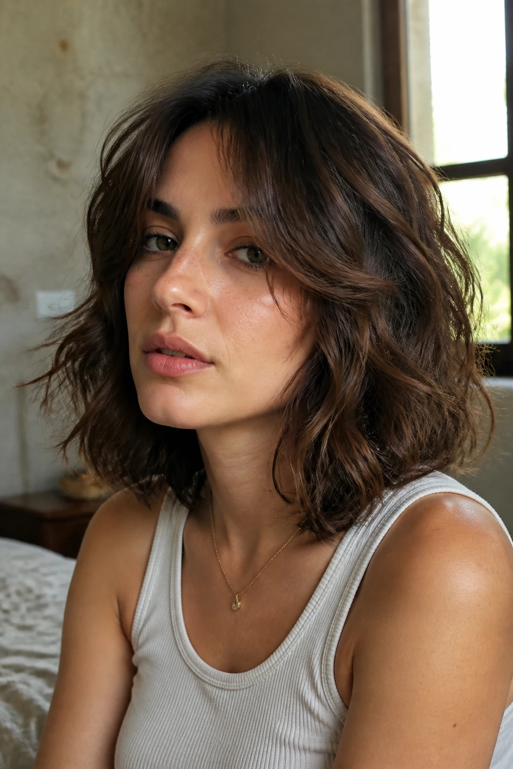 Real woman with grown-out shag bob and long curtain bangs in warm bedroom light