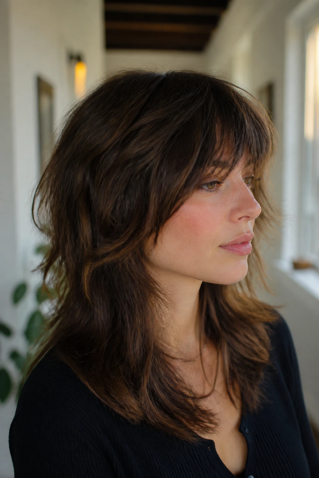 Close-up of a real woman with grown-out shag showing interior debulking