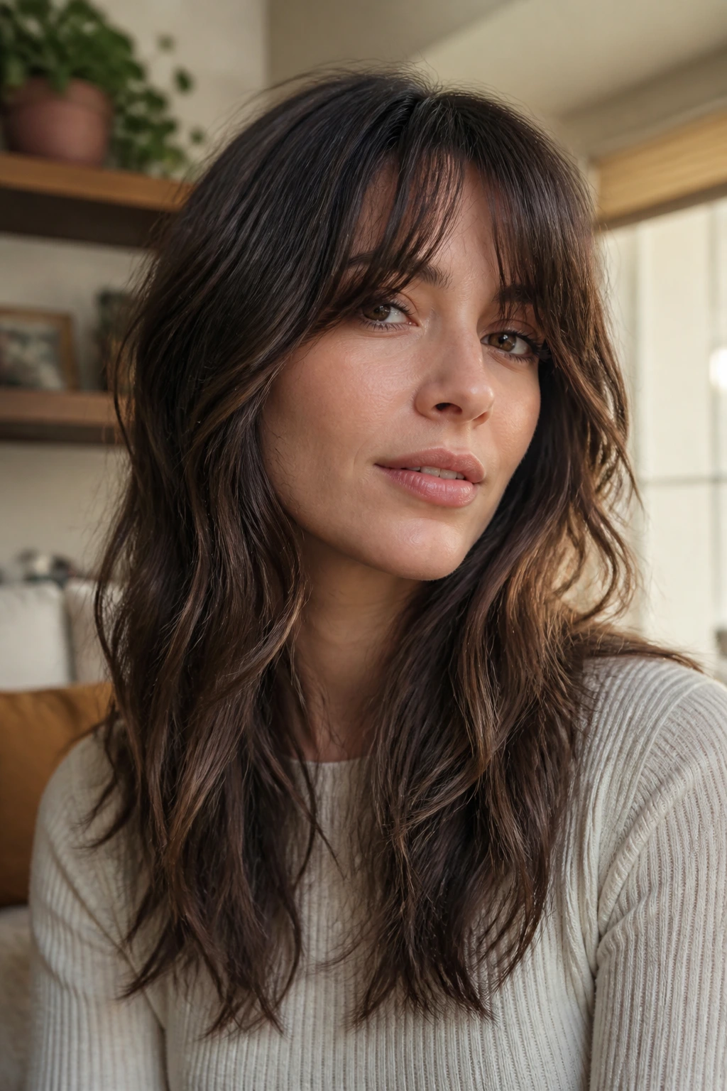Portrait of a real woman with a grown-out shag and soft fringe.