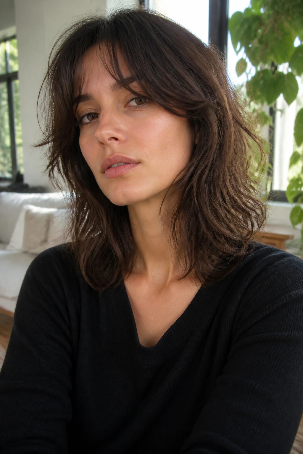 Close-up of a real woman with long fringe and melted layers in a grown-out shag hairstyle.