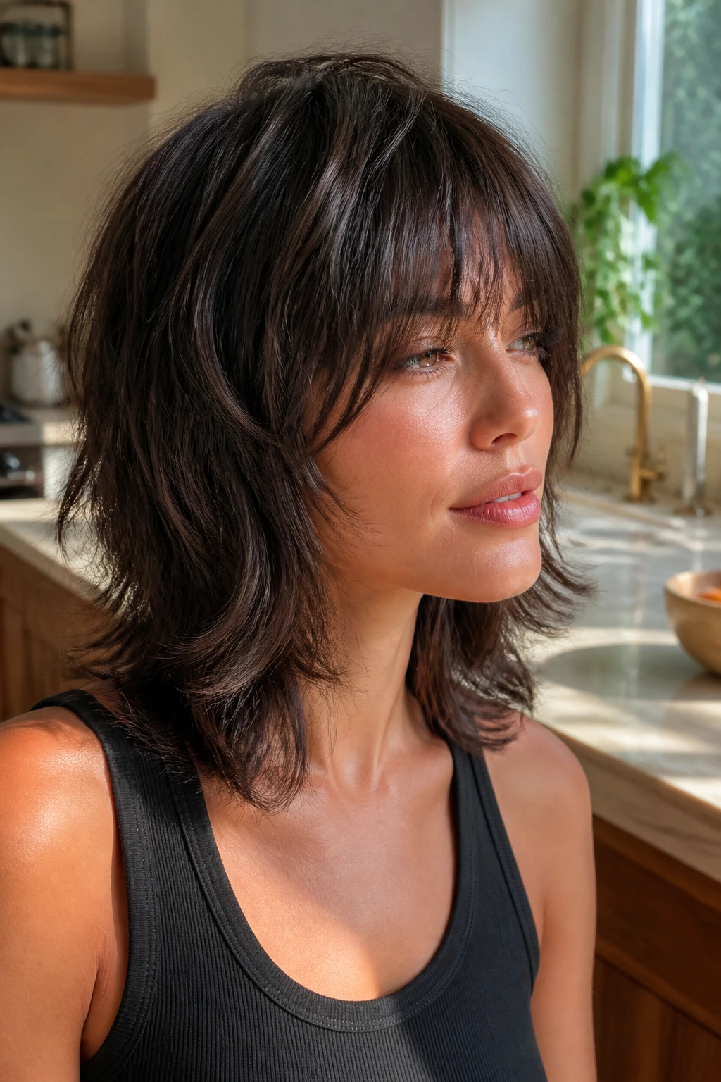 Portrait of woman with grown-out shag and blended layers