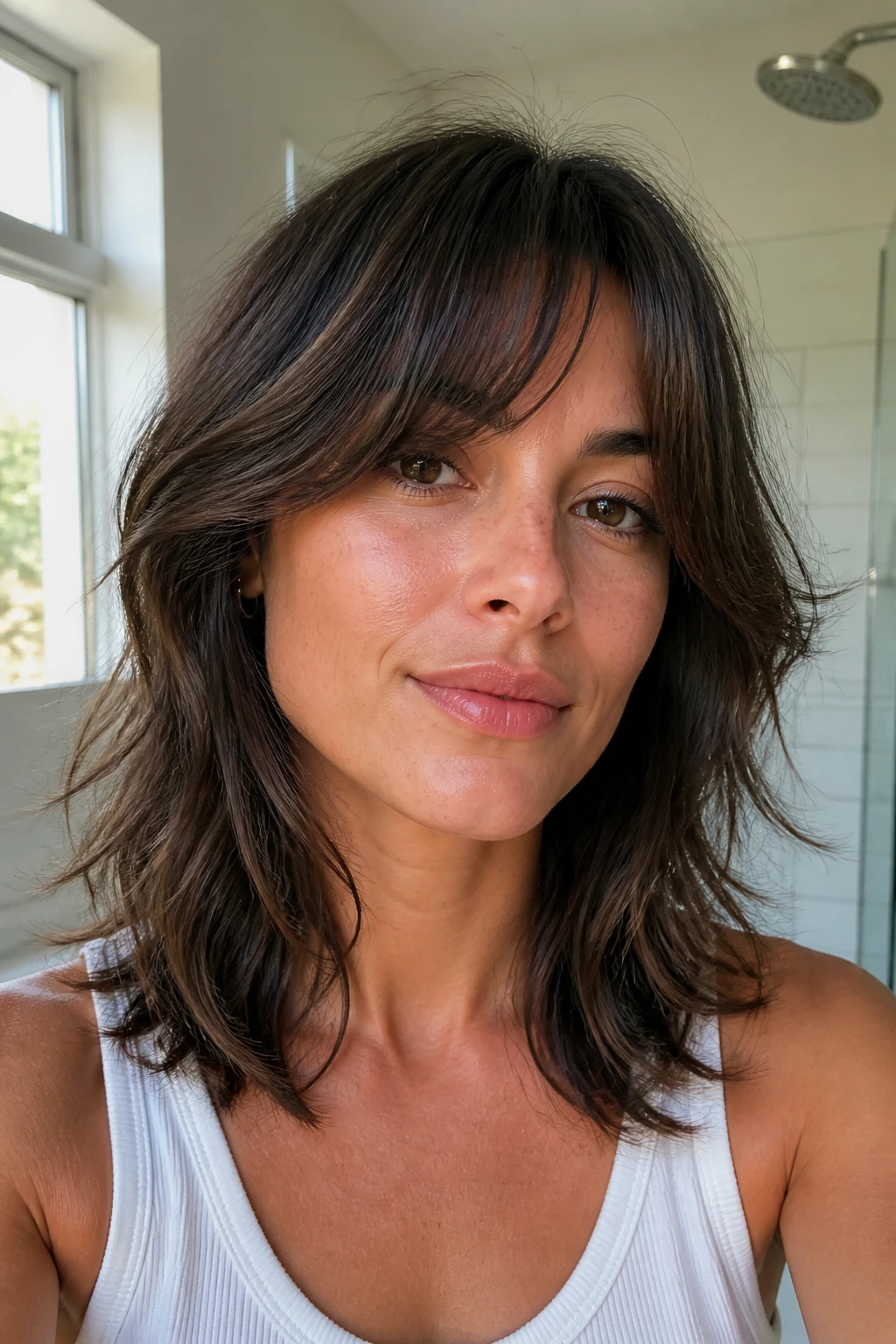 Close-up of real woman with grown-out shag and neat perimeter layers