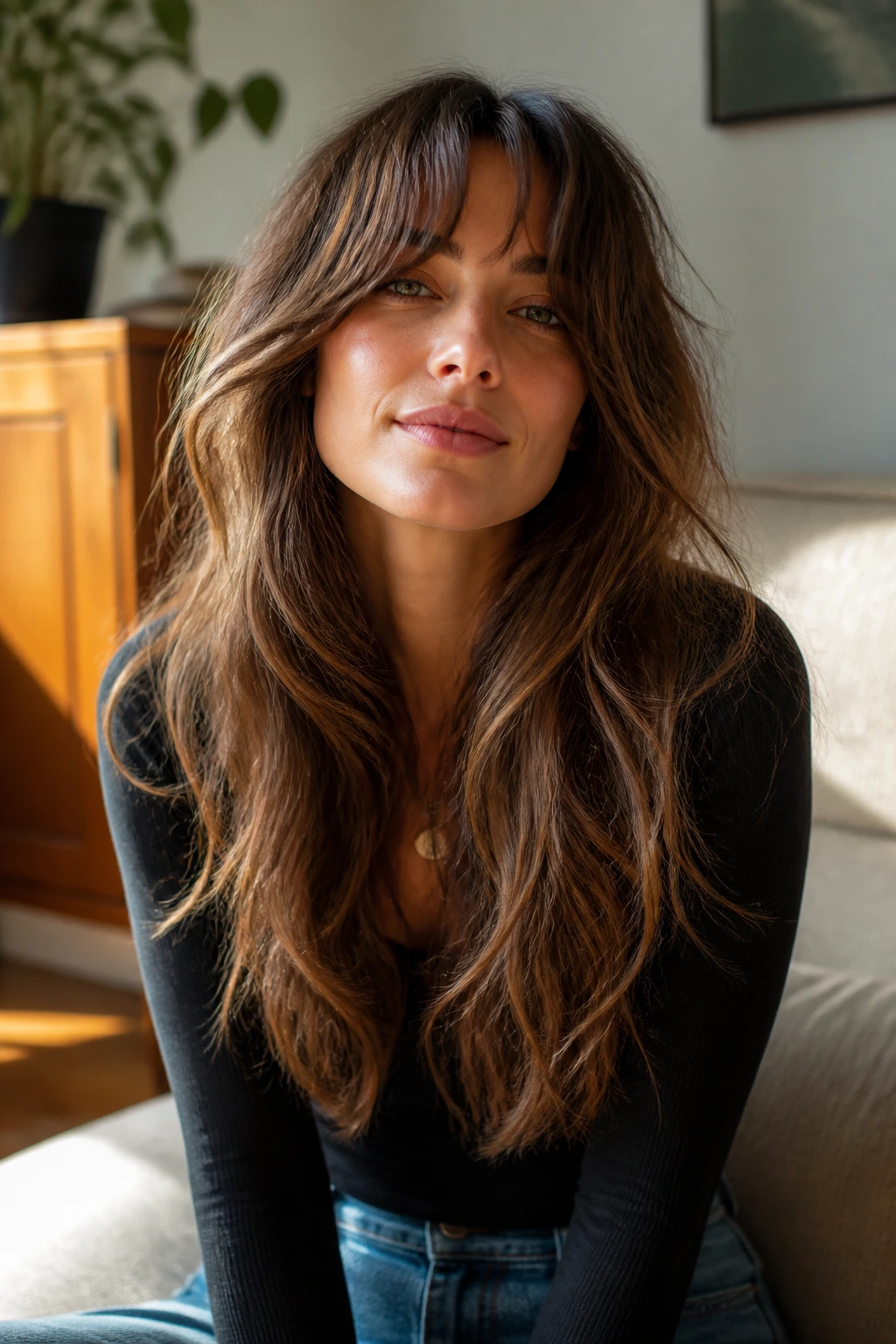 Close-up portrait of a real woman with a grown-out shag in a cozy living room