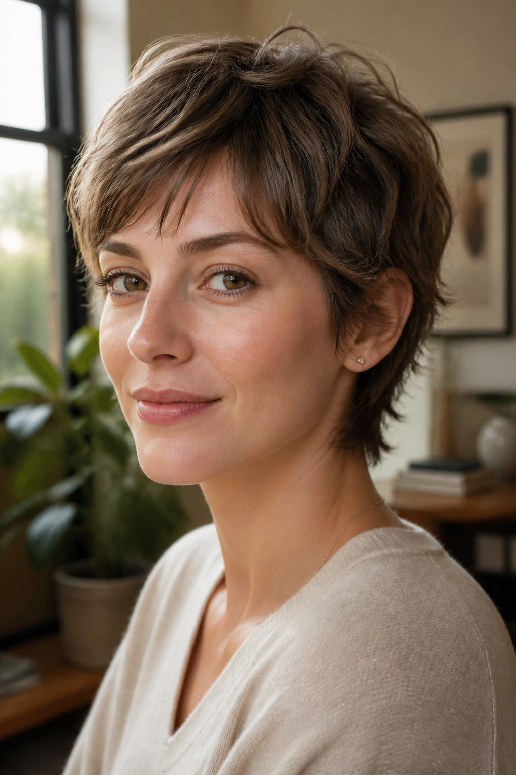 Close-up portrait of a real woman with a grown-out shag pixie hairstyle.