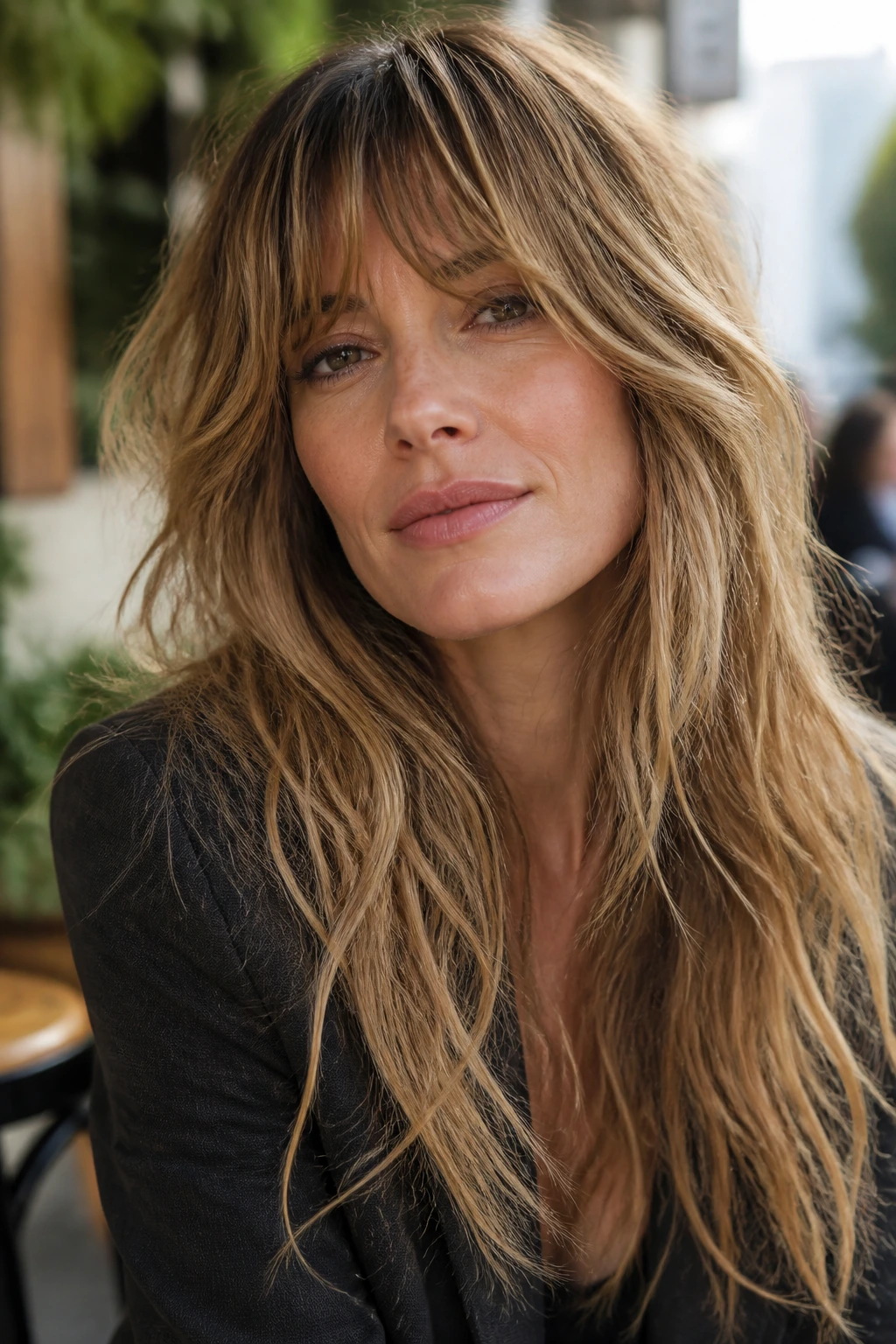 Portrait of a real woman with long shag layers and loose fringe