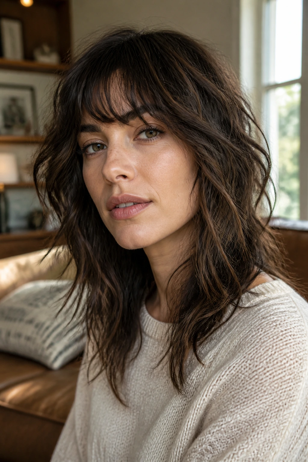 Close-up portrait of a real woman with a grown-out shag on wavy hair in a sunlit living room.