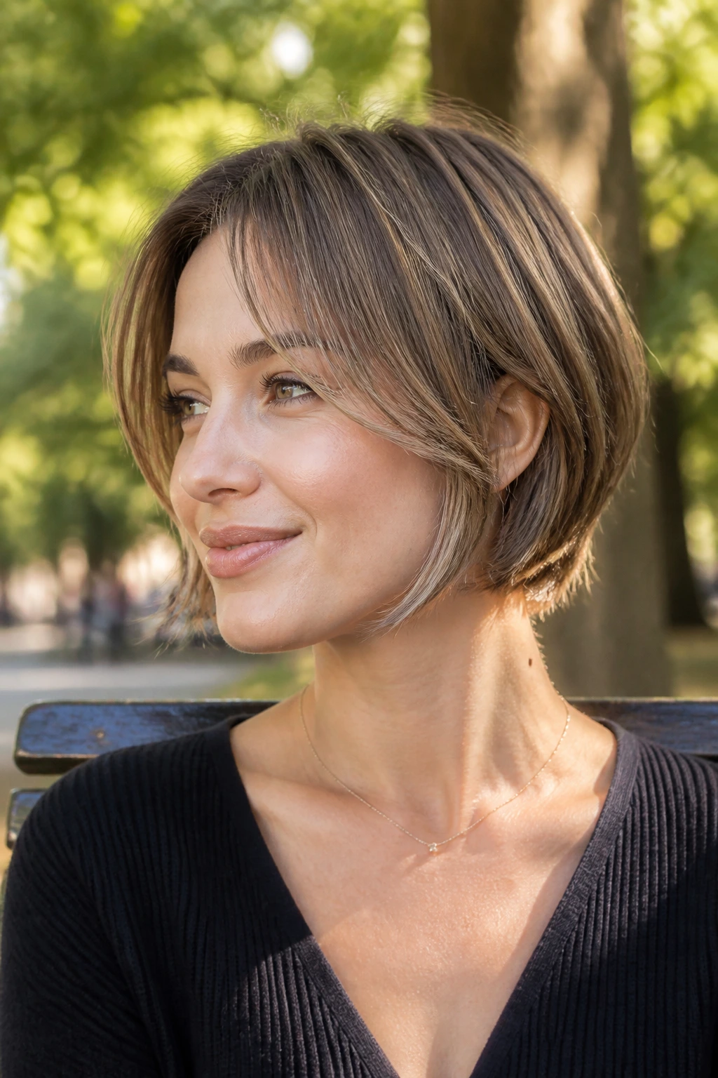Portrait of a woman with a grown-out layer-friendly short cut.