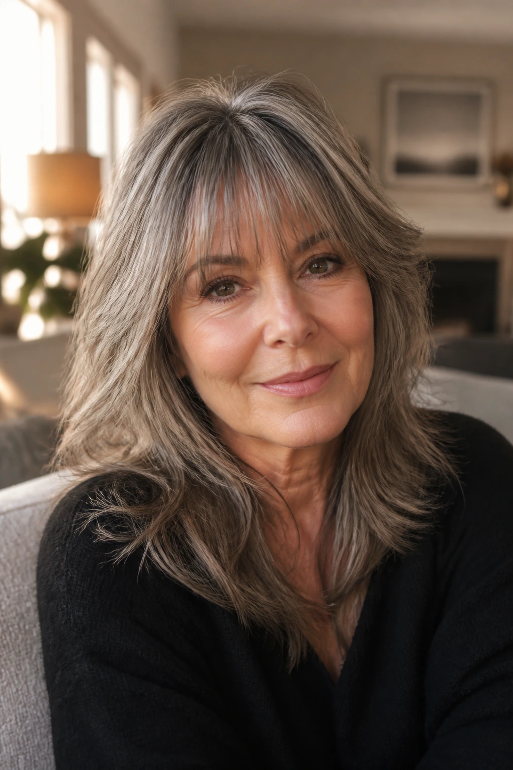 Close-up portrait of a real woman with a grown-out soft shag in a sunny living room