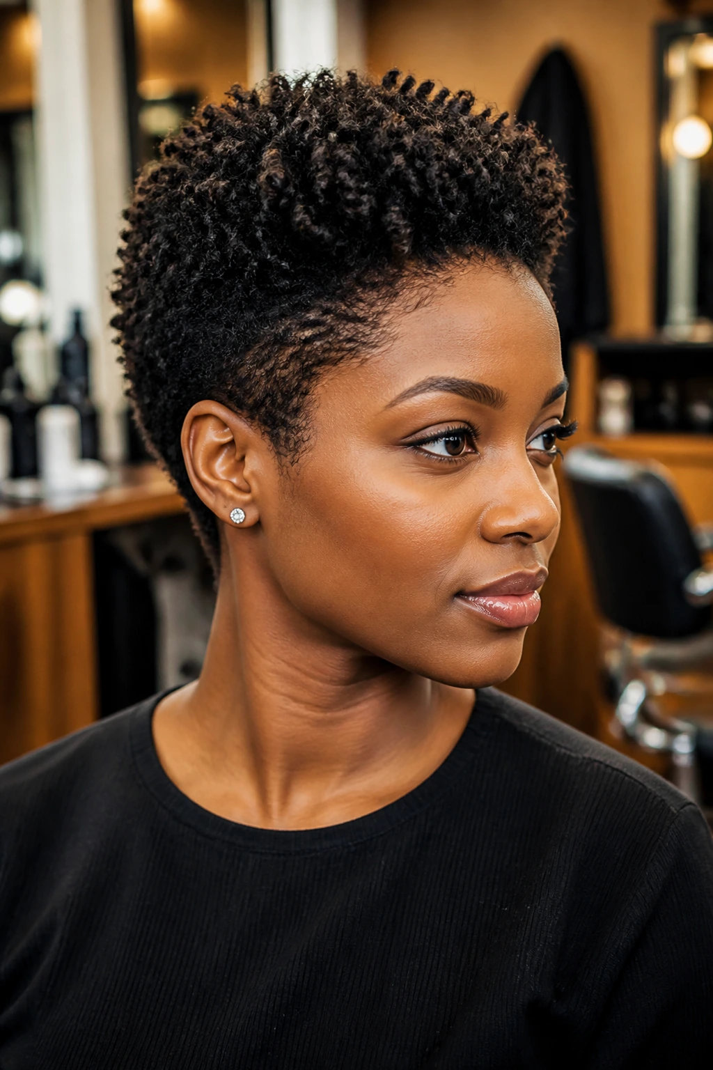 Close-up of a real woman with a neatly shaped grown-out TWA.