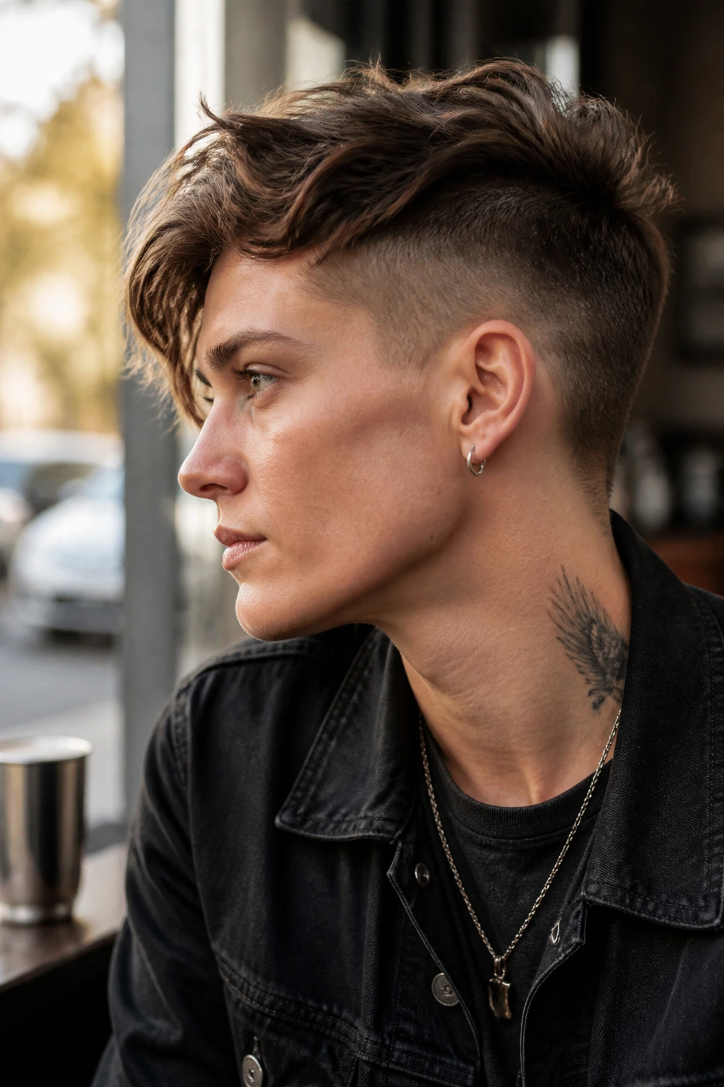 Portrait of a real person with a grown-out undercut and longer top