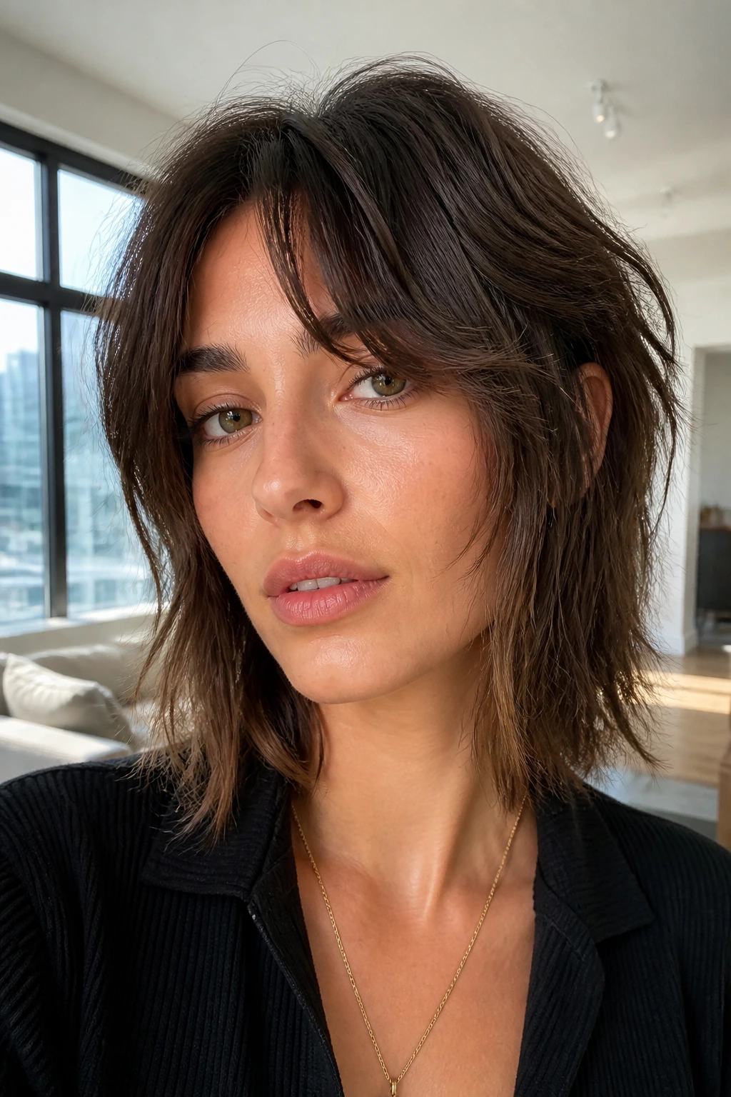 Close-up of real woman with grown-out wolf bob and split fringe in bright apartment