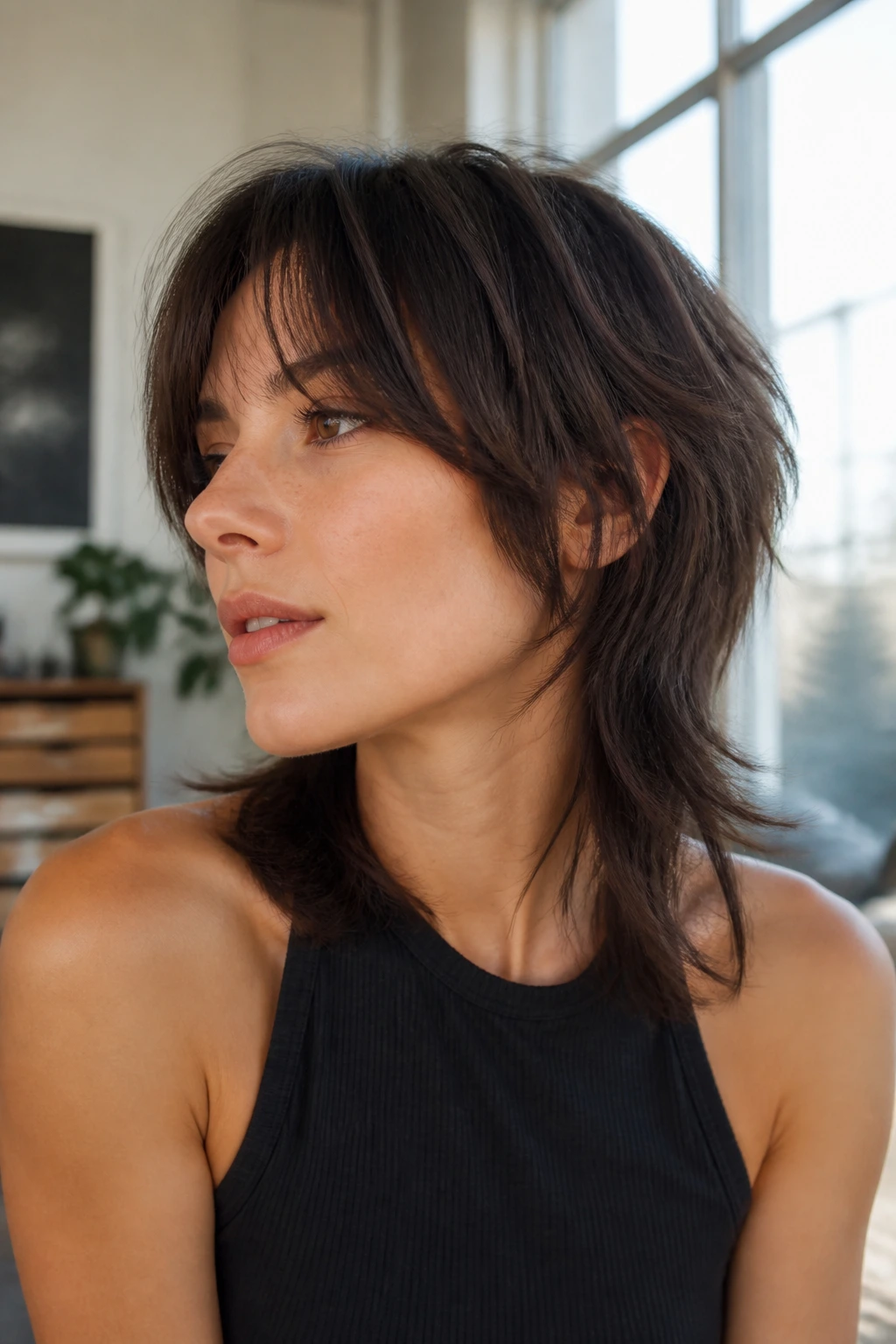 Portrait of a real woman with a growth-friendly mullet in a sunlit living room