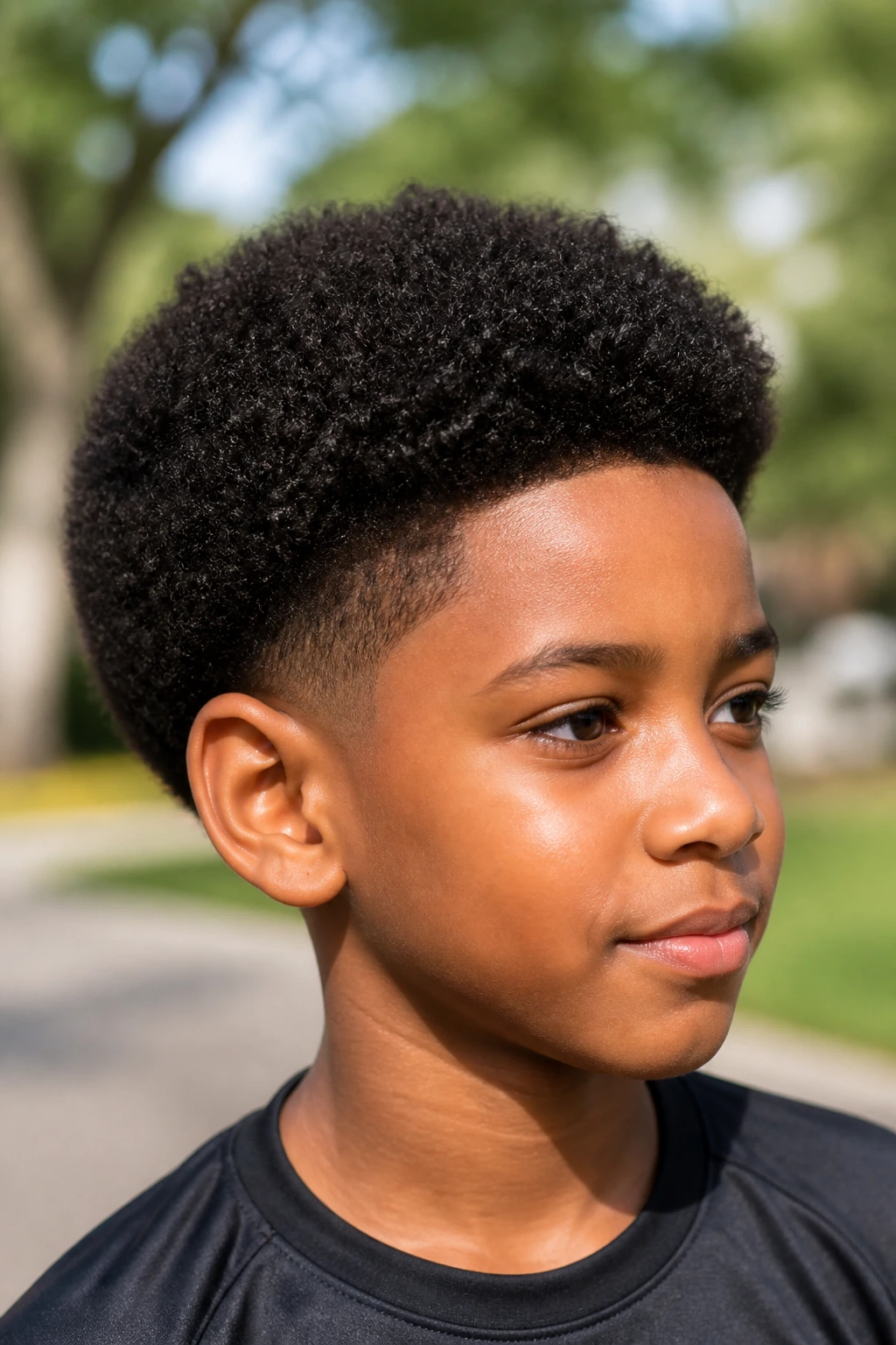 Close-up of a real Black boy with a rounded afro and taper, showing room for growth