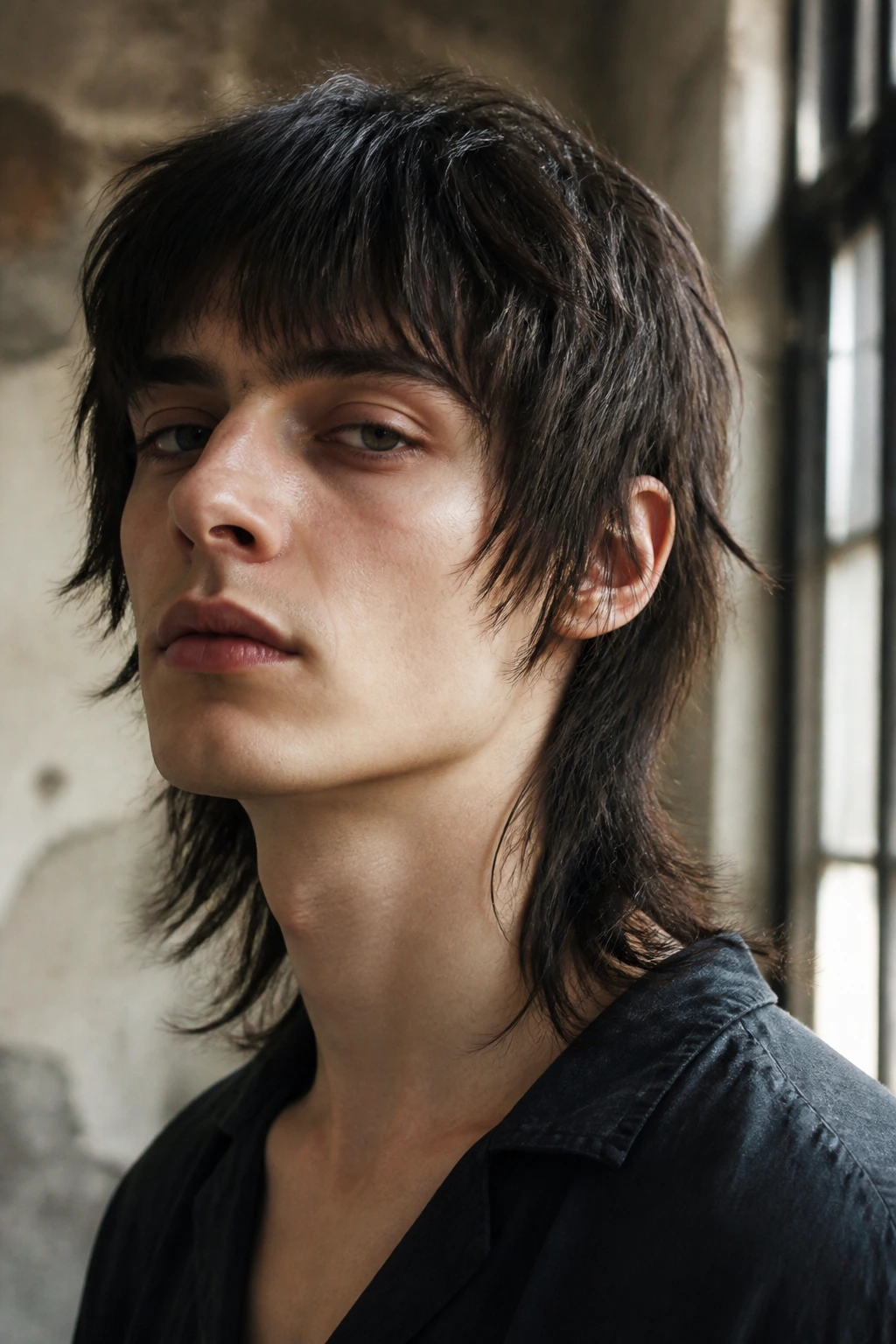 Close-up portrait of a real person with grunge-lite mullet in a moody loft