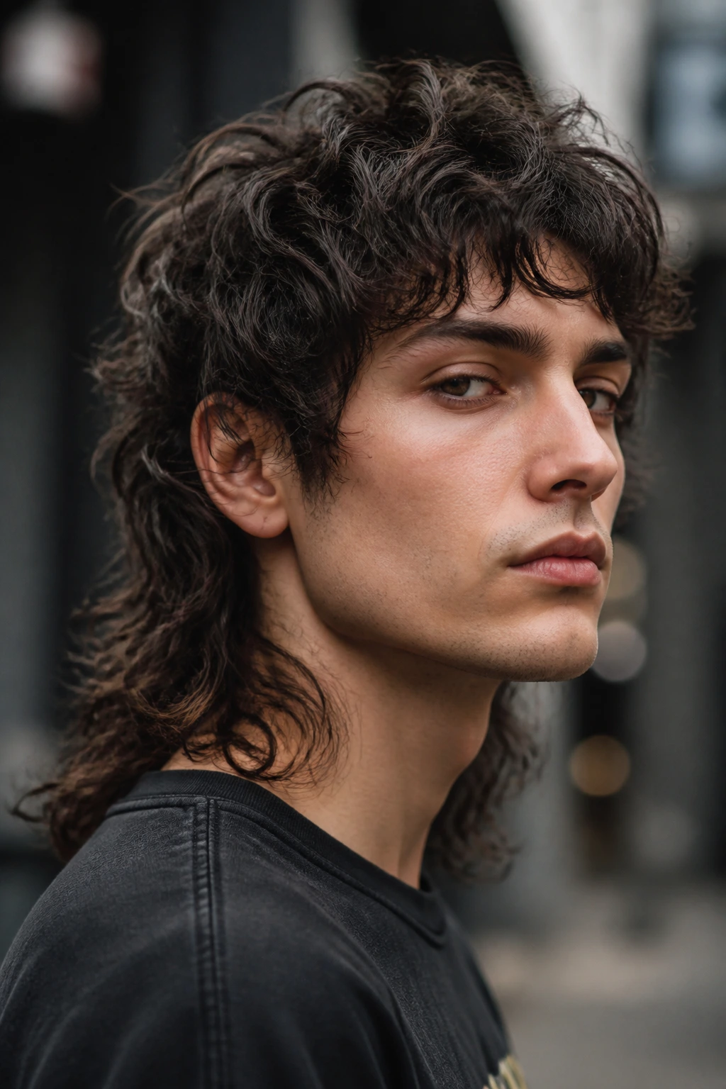 Real person with jagged grunge curly mullet showing uneven layers