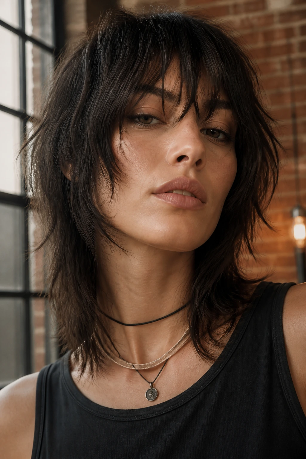 Close-up portrait of a real woman with grunge razor shag featuring choppy ends.