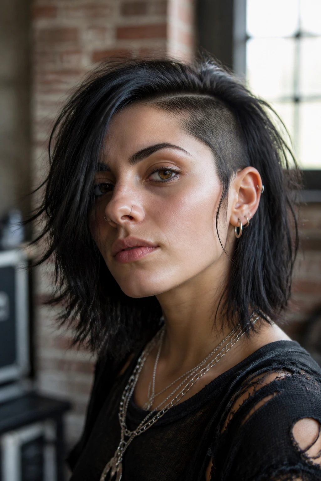 Close-up of a real person with grunge shag and deep side part, shaved panel visible