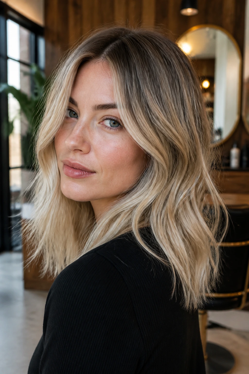 Close-up of ash-rooted grungy blonde on a real person with creamy beige mids and shadowed roots