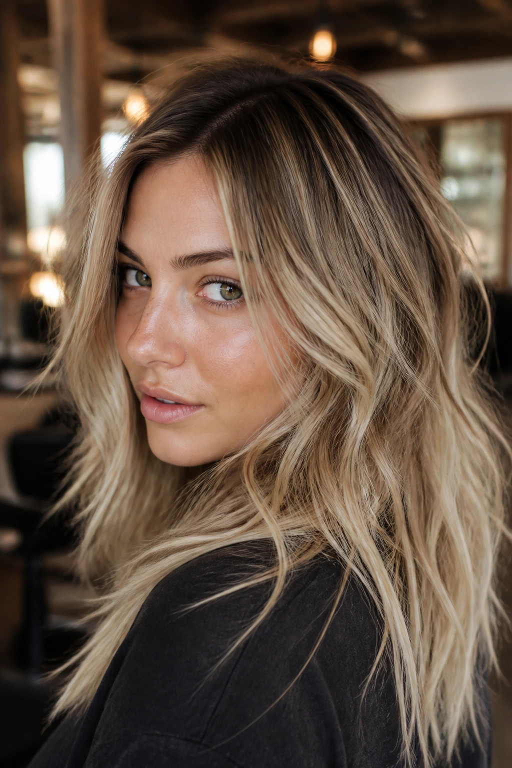 Close-up portrait of grungy blonde shades with dark roots and ash-beige mids on a real person