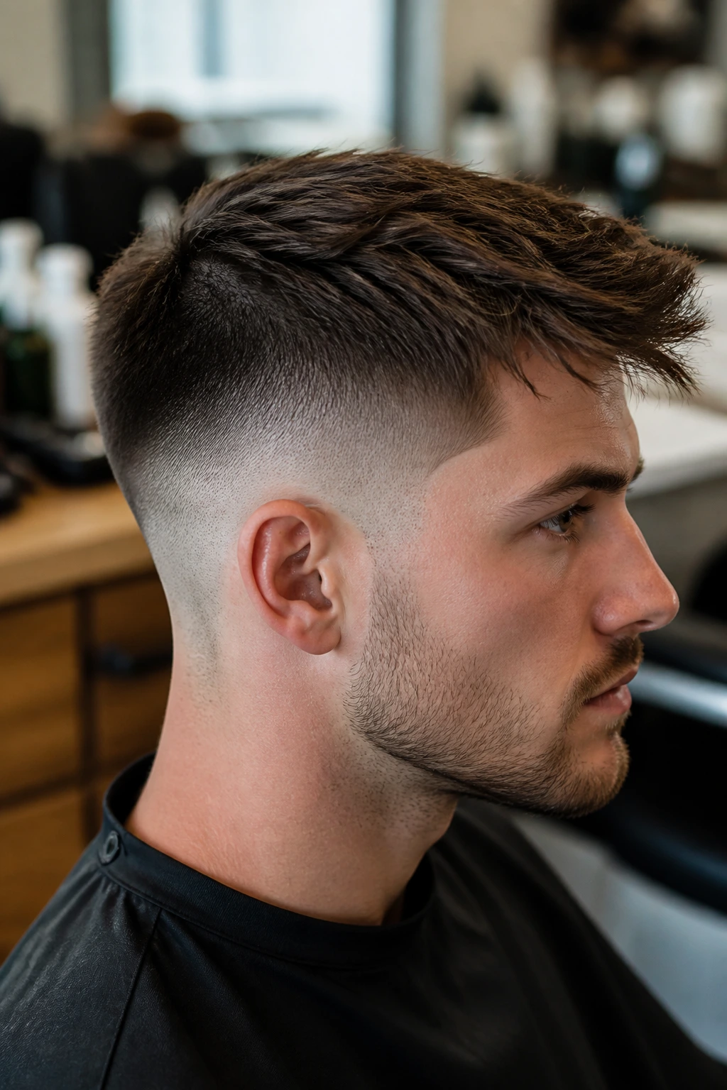 Portrait showing side fade with top length to illustrate guard choice and top length.
