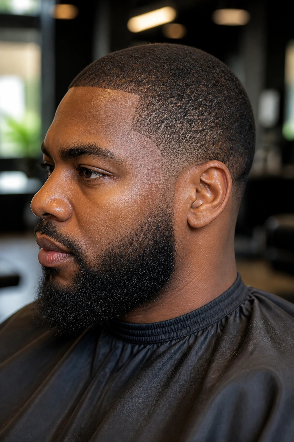 Close-up of a Black man with a guard #1 buzz cut