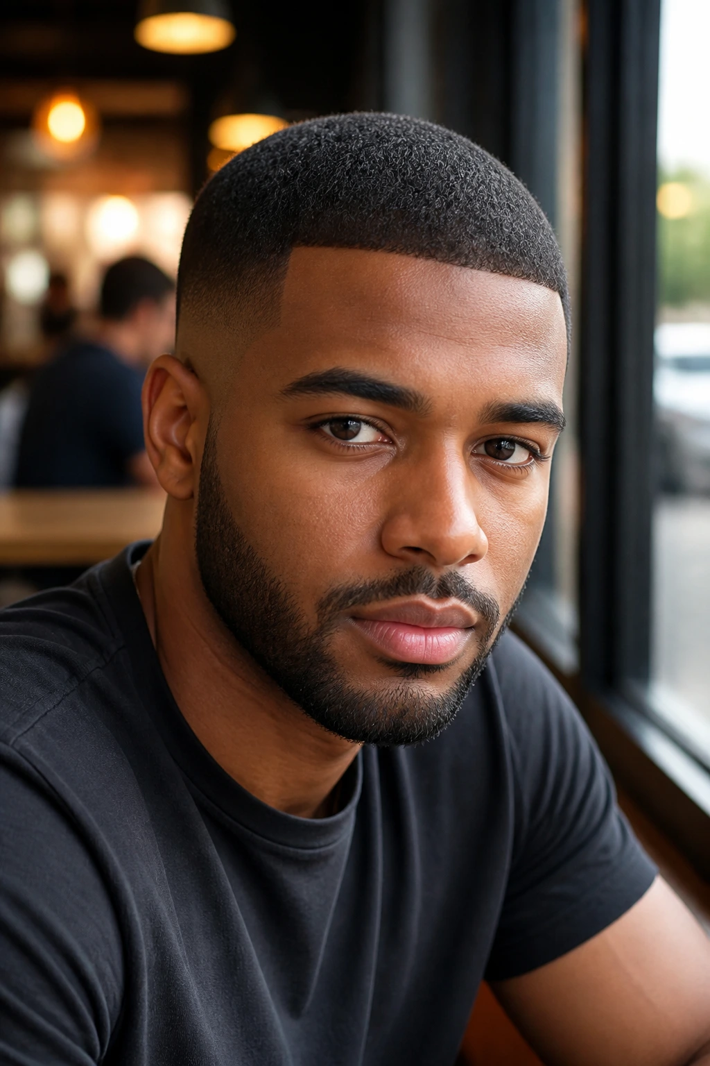 Close-up of a Black man with a guard #2 buzz cut