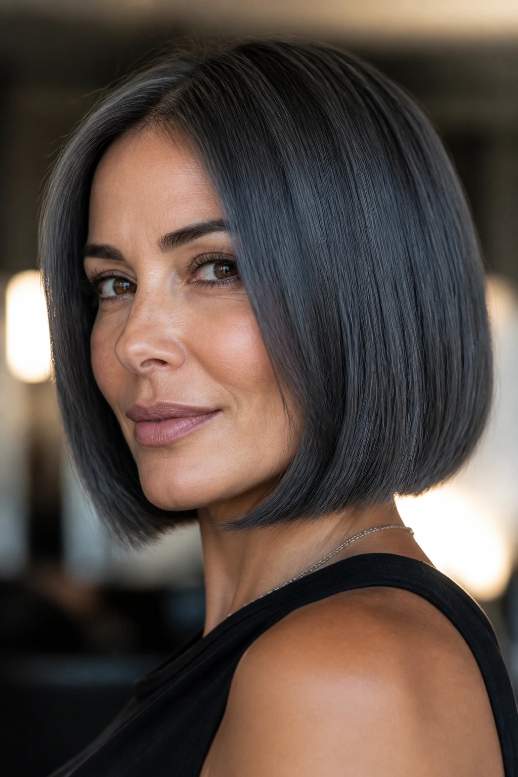 Portrait of person with metallic gunmetal bob in a modern setting