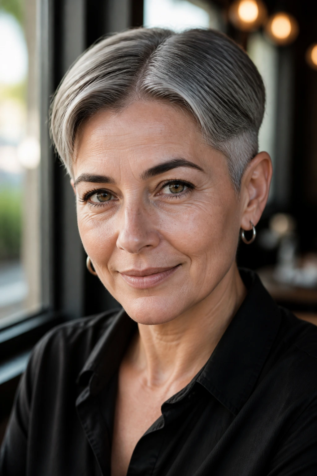 Close-up portrait of a person with a center-part gunmetal crop in bright daylight.