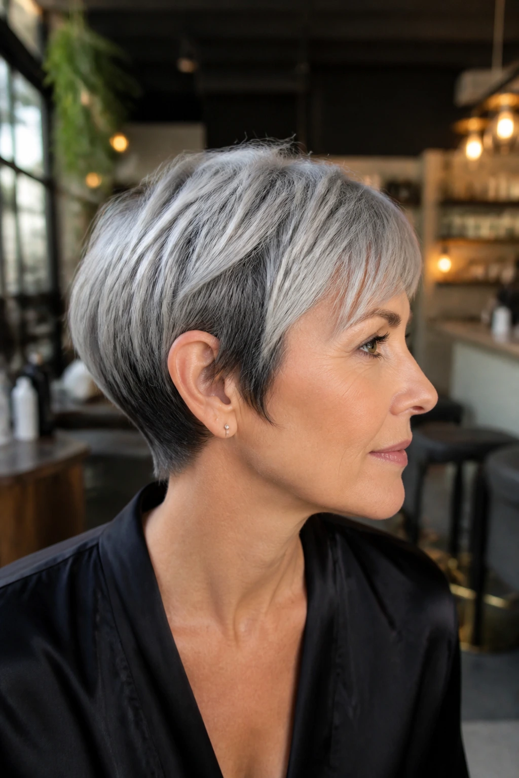 Real person with gunmetal peekaboo panels in cropped hair